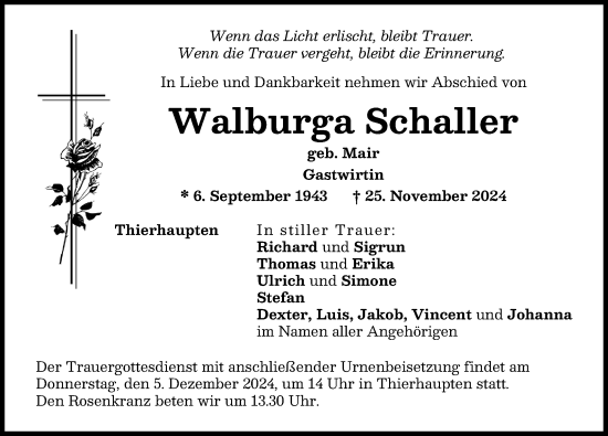 Traueranzeige von Walburga Schaller von Augsburg-Land