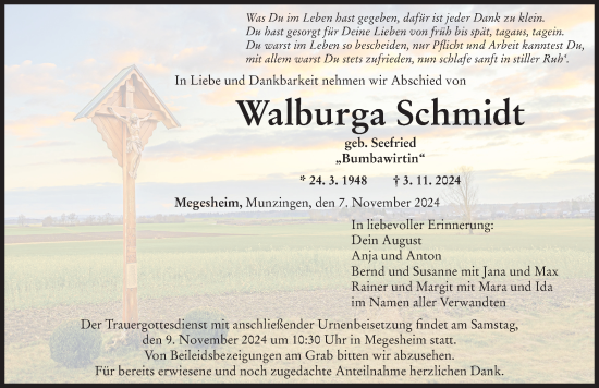 Traueranzeige von Walburga Schmidt von Rieser Nachrichten