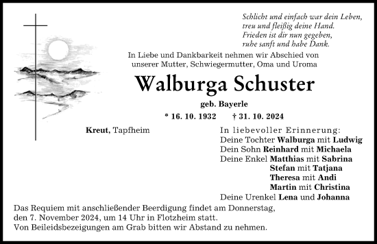 Traueranzeige von Walburga Schuster von Donauwörther Zeitung