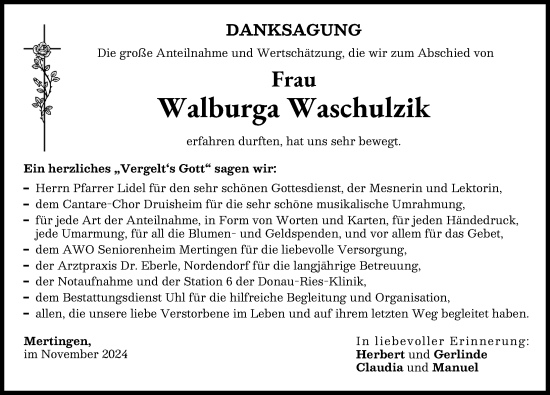 Traueranzeige von Walburga Waschulzik von Donauwörther Zeitung