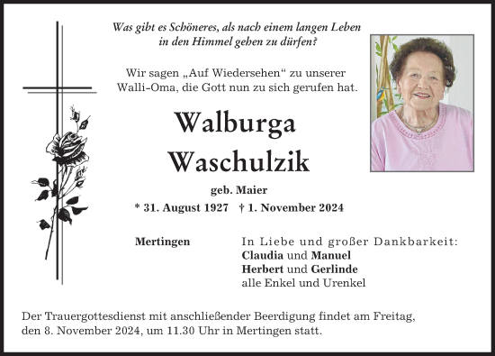 Traueranzeige von Walburga Waschulzik von Donauwörther Zeitung