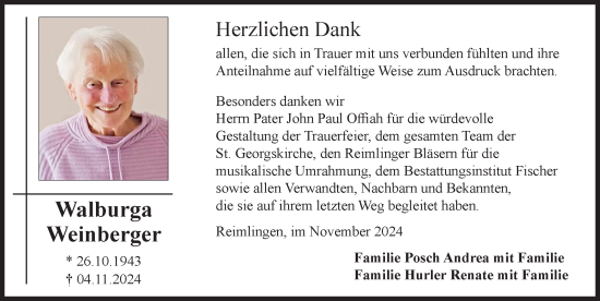 Traueranzeige von Walburga Weinberger von Rieser Nachrichten