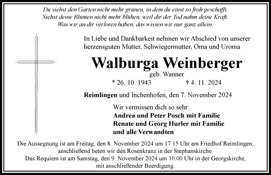Traueranzeige von Walburga Weinberger von Rieser Nachrichten