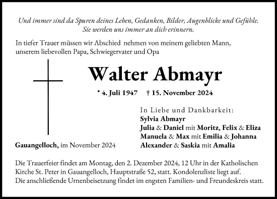 Traueranzeige von Walter Abmayr von Günzburger Zeitung