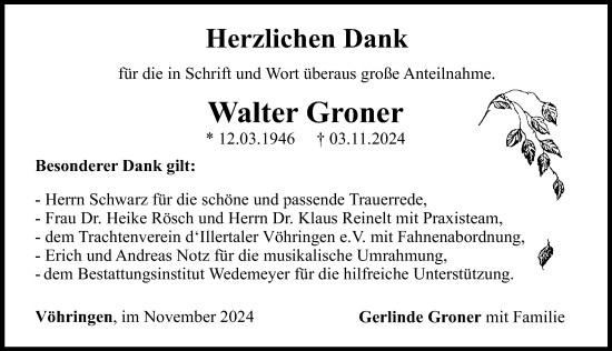 Traueranzeige von Walter Groner von Neu-Ulmer Zeitung, Illertisser Zeitung