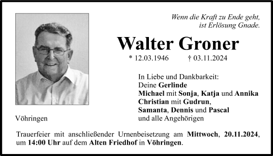 Traueranzeige von Walter Groner von Neu-Ulmer Zeitung, Illertisser Zeitung