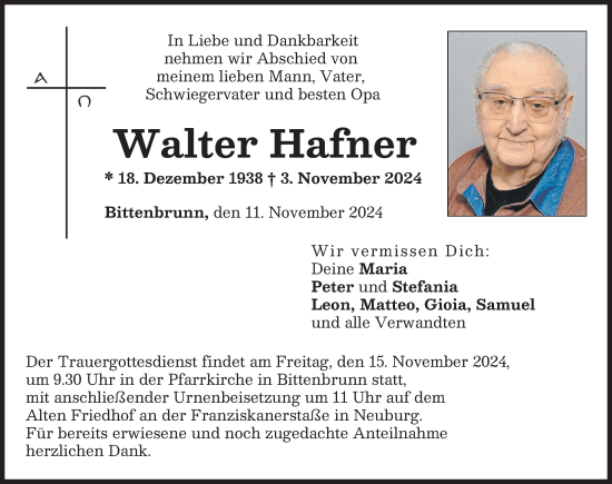 Traueranzeige von Walter Hafner von Neuburger Rundschau