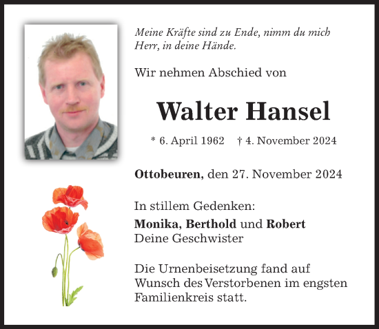 Traueranzeige von Walter Hansel von Mindelheimer Zeitung