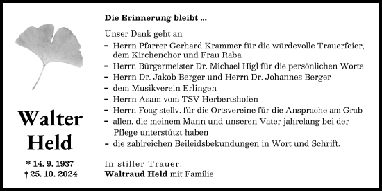 Traueranzeige von Walter Held von Augsburg-Land