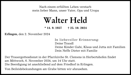 Traueranzeige von Walter Held von Augsburger Allgemeine