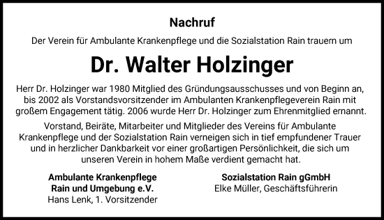Traueranzeige von Walter Holzinger von Donauwörther Zeitung