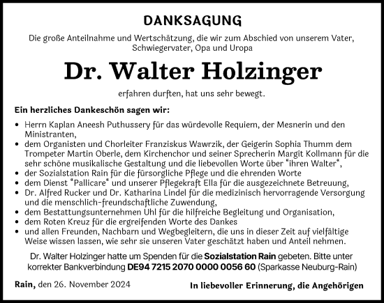 Traueranzeige von Walter Holzinger von Donauwörther Zeitung