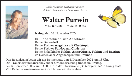 Traueranzeige von Walter Purwin von Landsberger Tagblatt