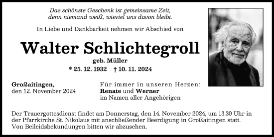 Traueranzeige von Walter Schlichtegroll von Schwabmünchner Allgemeine