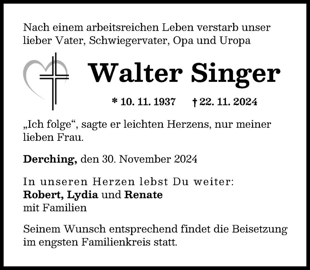  Traueranzeige für Walter Singer vom 30.11.2024 aus Friedberger Allgemeine, Aichacher Nachrichten