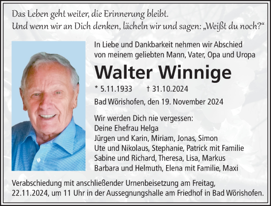 Traueranzeige von Walter Winnige von Mindelheimer Zeitung