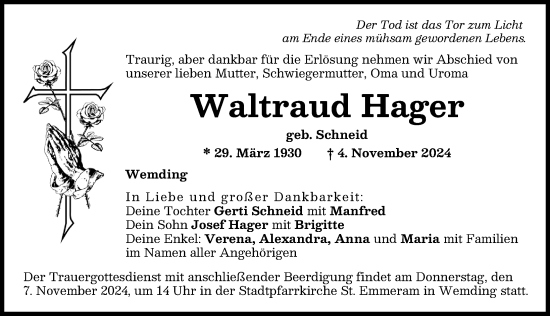 Traueranzeige von Waltraud Hager von Donauwörther Zeitung