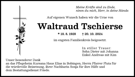 Traueranzeige von Waltraud Tschierse von Augsburger Allgemeine