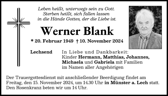Traueranzeige von Werner Blank von Donauwörther Zeitung, Aichacher Nachrichten