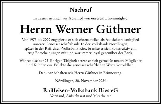 Traueranzeige von Werner  Güthner von Rieser Nachrichten