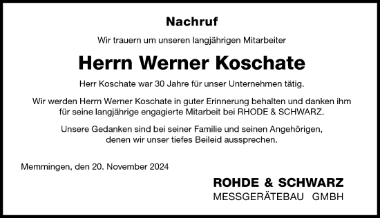 Traueranzeige von Werner Koschate von Mindelheimer Zeitung