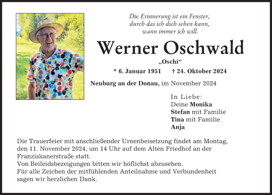 Traueranzeige von Werner Oschwald von Neuburger Rundschau