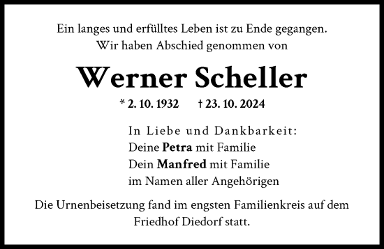 Traueranzeige von Werner Scheller von Augsburg-Land