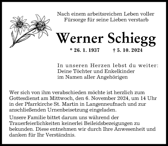 Traueranzeige von Werner Schiegg von Schwabmünchner Allgemeine