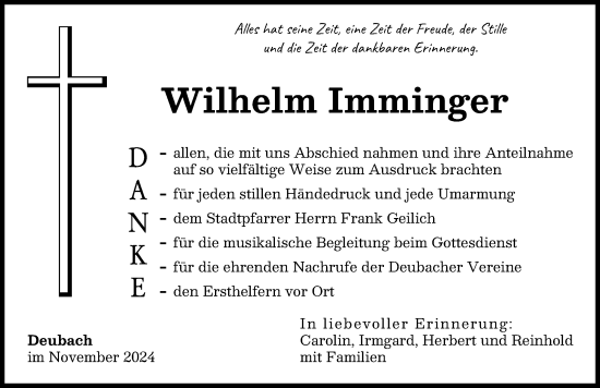 Traueranzeige von Wilhelm Imminger von Günzburger Zeitung