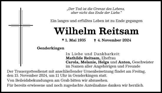 Traueranzeige von Wilhelm Reitsam von Donauwörther Zeitung