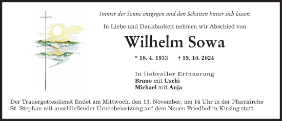 Traueranzeige von Wilhelm Sowa von Friedberger Allgemeine