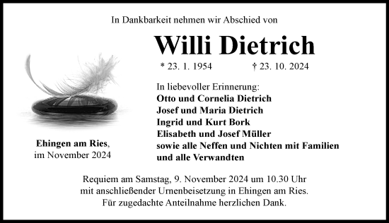 Traueranzeige von Willi Dietrich von Rieser Nachrichten