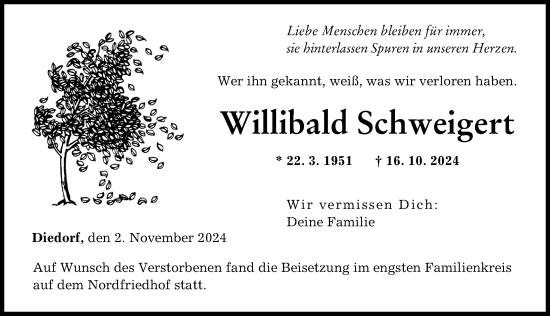 Traueranzeige von Willibald Schweigert von Augsburger Allgemeine