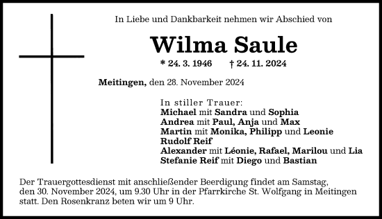 Traueranzeige von Wilma Saule von Augsburg-Land