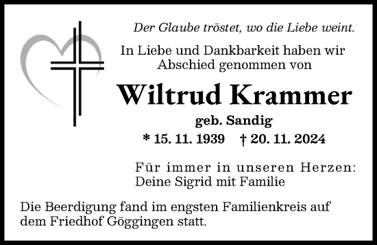 Traueranzeige von Wiltrud Krammer von Augsburger Allgemeine
