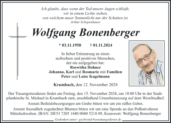 Traueranzeige von Wolfgang Bonenberger von Mittelschwäbische Nachrichten