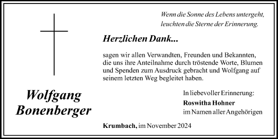 Traueranzeige von Wolfgang Bonenberger von Mittelschwäbische Nachrichten