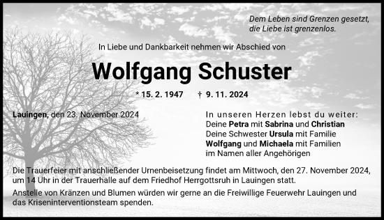Traueranzeige von Wolfgang Schuster von Donau Zeitung