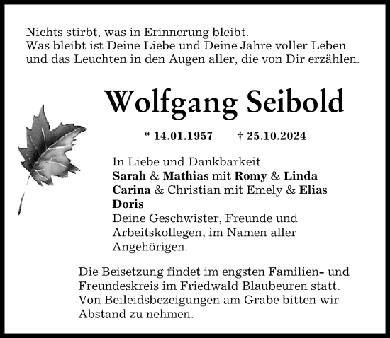 Traueranzeige von Wolfgang Seibold von Neu-Ulmer Zeitung