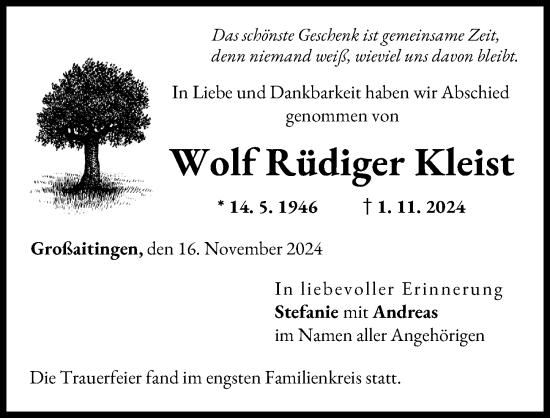 Traueranzeige von Wolf Rüdiger Kleist von Schwabmünchner Allgemeine