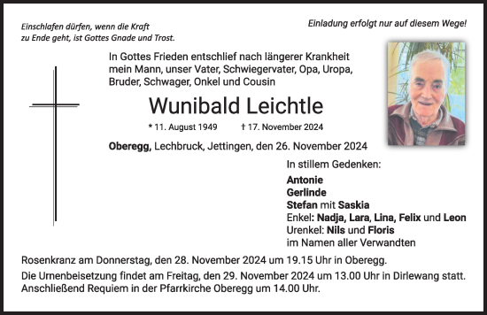 Traueranzeige von Wunibald Leichtle von Mindelheimer Zeitung