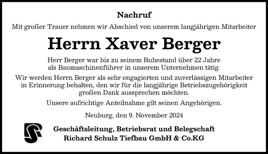 Traueranzeige von Xaver Berger von Neuburger Rundschau