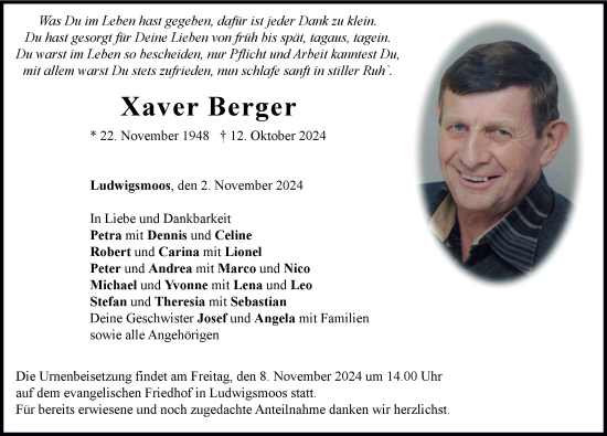 Traueranzeige von Xaver Berger von Neuburger Rundschau