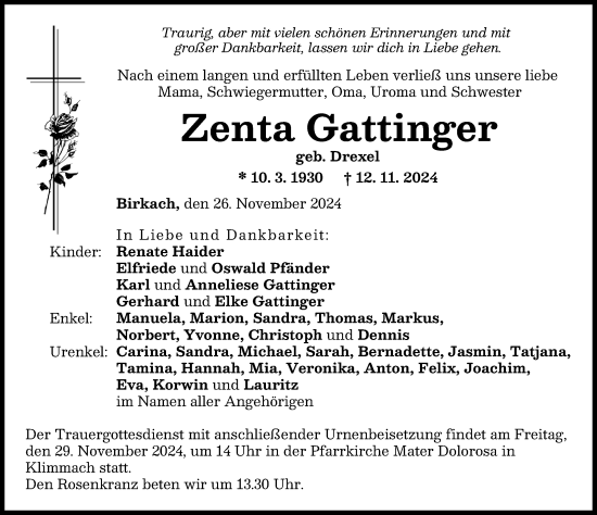 Traueranzeige von Zenta Gattinger von Schwabmünchner Allgemeine