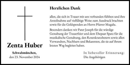 Traueranzeige von Zenta Huber von Schwabmünchner Allgemeine