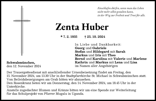 Traueranzeige von Zenta Huber von Schwabmünchner Allgemeine