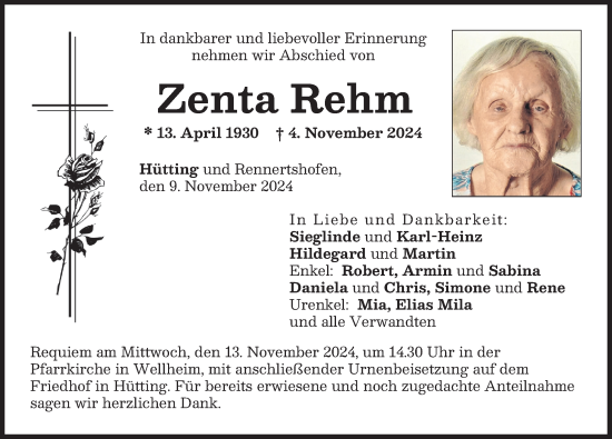 Traueranzeige von Zenta Rehm von Neuburger Rundschau