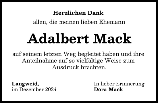 Traueranzeige von Adalbert Mack von Wertinger Zeitung, Augsburg-Land