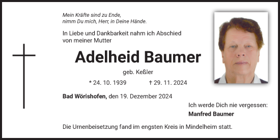 Traueranzeige von Adelheid Baumer von Mindelheimer Zeitung