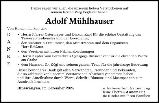Traueranzeige von Adolf Mühlhauser von Wertinger Zeitung